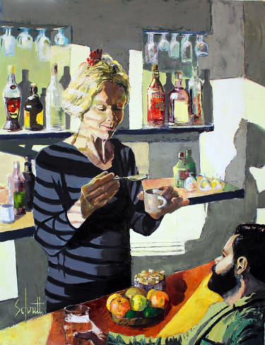 Schilderij getiteld "CAFÉ XX (Bar à la c…" door Jean-Paul Schmitt, Origineel Kunstwerk, Olie