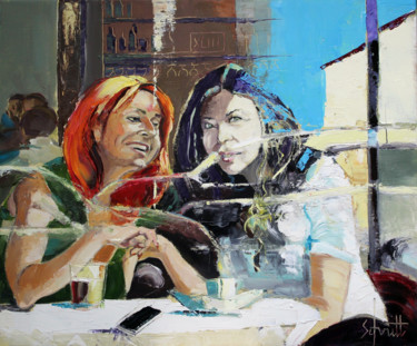 Картина под названием "CAFÉ XLIII (À trave…" - Jean-Paul Schmitt, Подлинное произведение искусства, Масло Установлен на Дере…