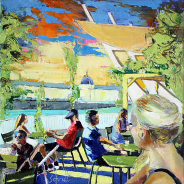 Painting titled "CAFÉ XLVIII (Terras…" by Jean-Paul Schmitt, Original Artwork, Oil Mounted on Wood Stretcher frame