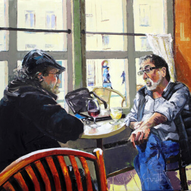 Painting titled "CAFÉ L (Rue Octavio…" by Jean-Paul Schmitt, Original Artwork, Oil Mounted on Wood Stretcher frame