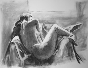 图画 标题为“Nu au fauteuil en n…” 由Jean-Paul Schmitt, 原创艺术品, 木炭