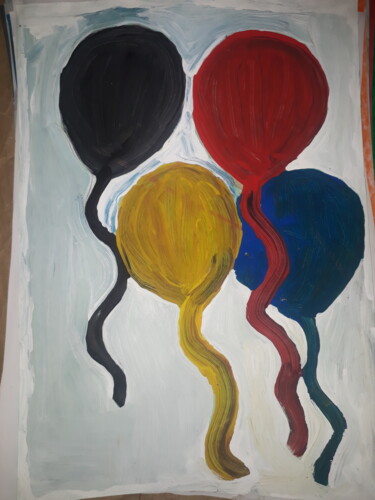 Malerei mit dem Titel "Os balões coloridos" von Jedaylson Rodrigues, Original-Kunstwerk, Aquarell Auf Keilrahmen aus Holz mo…