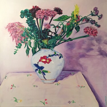 Malarstwo zatytułowany „Flowers in vase” autorstwa Jeffry Burke, Oryginalna praca, Olej Zamontowany na Drewniana rama noszy