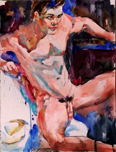 Pintura titulada "Male Nude with Hat 5" por Jelena Djokic, Obra de arte original, Acuarela