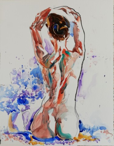 Pintura titulada "Nude with Lilacs" por Jelena Djokic, Obra de arte original, Acuarela