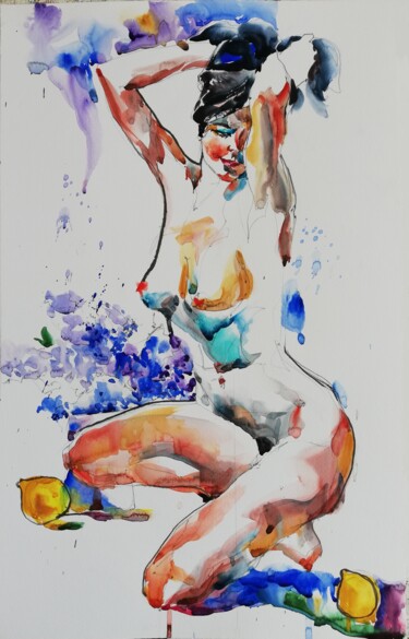 Pittura intitolato "Nude with Lemons" da Jelena Djokic, Opera d'arte originale, Acquarello