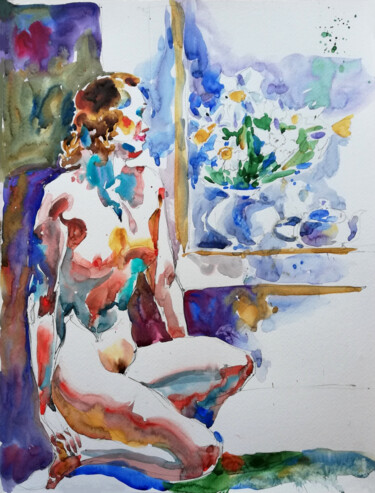 Pintura titulada "Nude with Bouquet V" por Jelena Djokic, Obra de arte original, Acuarela