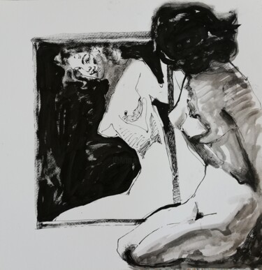 Dessin intitulée "Nude at Mirror" par Jelena Djokic, Œuvre d'art originale, Encre