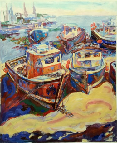 Schilderij getiteld "Beach Boats" door Jelena Djokic, Origineel Kunstwerk, Acryl