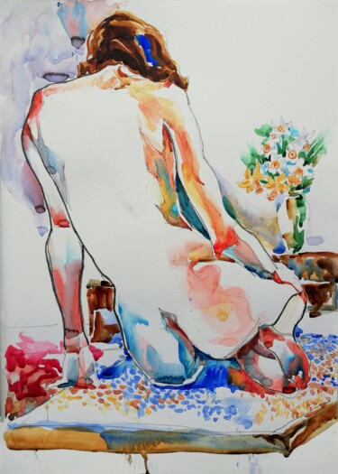 제목이 "Nude with Narcisses"인 미술작품 Jelena Djokic로, 원작, 수채화