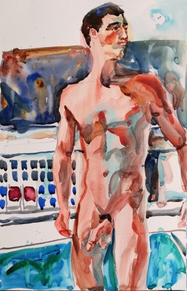 Malerei mit dem Titel "Male Nude by the Po…" von Jelena Djokic, Original-Kunstwerk, Aquarell