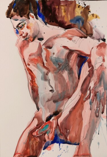 Malerei mit dem Titel "Male Nude by the Wi…" von Jelena Djokic, Original-Kunstwerk, Aquarell