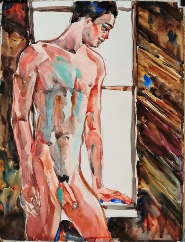 Ζωγραφική με τίτλο "Male Nude in Rustic…" από Jelena Djokic, Αυθεντικά έργα τέχνης, Ακουαρέλα