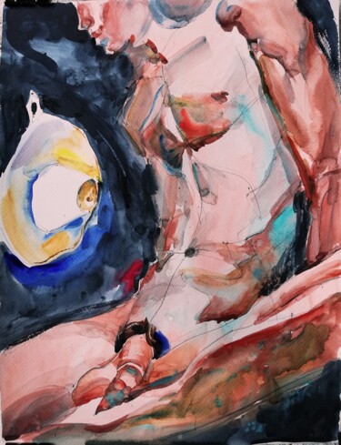 Schilderij getiteld "Male Nude with Hat…" door Jelena Djokic, Origineel Kunstwerk, Aquarel