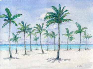 Картина под названием "Tropical Beach with…" - Jenny Klein, Подлинное произведение искусства, Акварель