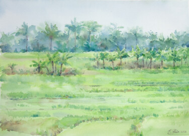 Painting titled "Rice Fields Walk" by Jenny Klein, Original Artwork, Watercolor