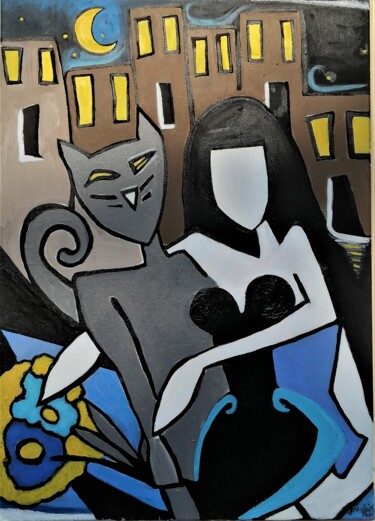 Painting titled "Couple mixte" by Jenyfair, Original Artwork, Acrylic Mounted on Wood Stretcher frame