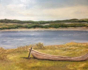 Pittura intitolato "Canoe on grass" da Joan Reilly, Opera d'arte originale, Olio Montato su Telaio per barella in legno