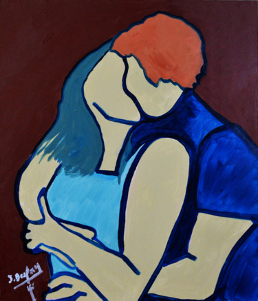 Painting titled "Le baiser" by Jérôme Dufay, Original Artwork, Oil Mounted on Wood Stretcher frame