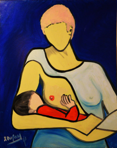 Painting titled "La mère et l'enfant" by Jérôme Dufay, Original Artwork, Oil Mounted on Wood Stretcher frame