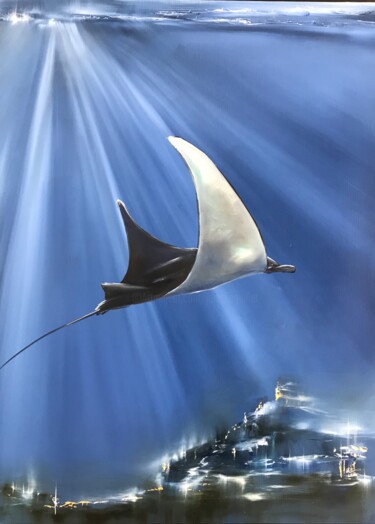 Painting titled "Raie Manta" by Jerome Guillet, Original Artwork, Oil