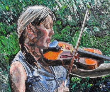 Malarstwo zatytułowany „La violoniste” autorstwa Jerome Labrunerie (GEO), Oryginalna praca, Olej Zamontowany na Drewniana ra…