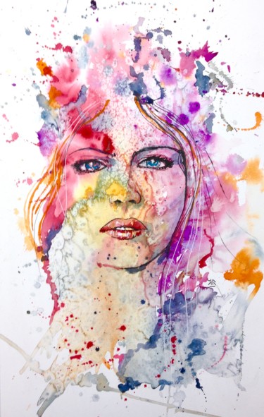 Malerei mit dem Titel "colorful face" von Jérôme Royer, Original-Kunstwerk, Tinte