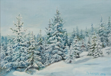 Malarstwo zatytułowany „Zimowy las w gorach” autorstwa Jerzy Kosinski, Oryginalna praca, Olej Zamontowany na Drewniana rama…