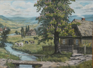 Schilderij getiteld "Landszaft" door Jerzy Kosinski, Origineel Kunstwerk, Olie Gemonteerd op Frame voor houten brancard