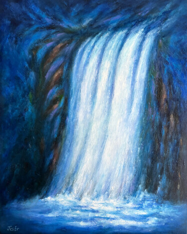 Schilderij getiteld "Dreamy waterfall #3" door Jesline Er, Origineel Kunstwerk, Olie Gemonteerd op Frame voor houten brancard