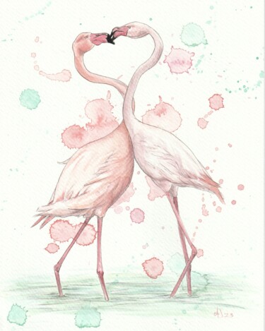 绘画 标题为“Flamingo's kiss” 由Jessica Altera, 原创艺术品, 水彩