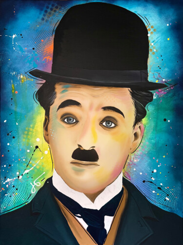 Malerei mit dem Titel "Chaplin" von Jessie Raveleau, Original-Kunstwerk, Acryl Auf Keilrahmen aus Holz montiert