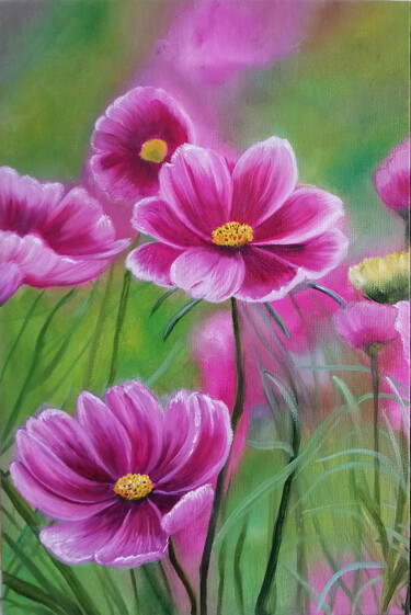 Картина под названием "Pink flowers - cosm…" - Jevika, Подлинное произведение искусства, Масло Установлен на картон