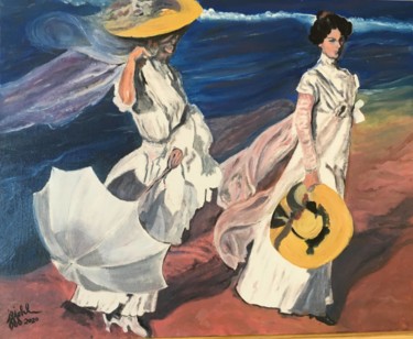 Pintura titulada "sur la plage à Deau…" por Jean-Francois Jehl, Obra de arte original, Oleo Montado en Cartulina