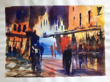 Painting titled "STREET BY NIGHT" by Jeanne Thiriet, Original Artwork, Watercolor