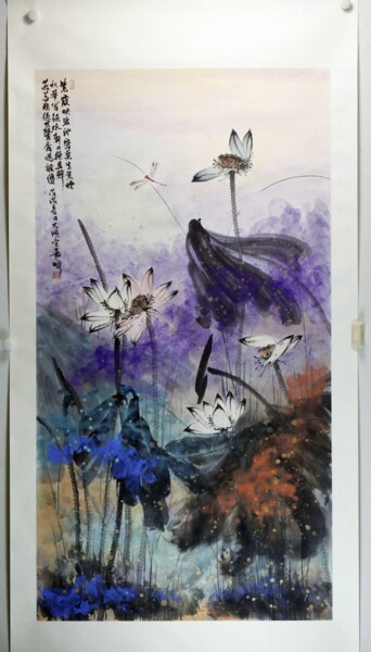 Pittura intitolato "紫霞映碧（Purple Mist）" da Jia Shun Jiashun Huo Huo, Opera d'arte originale, Inchiostro