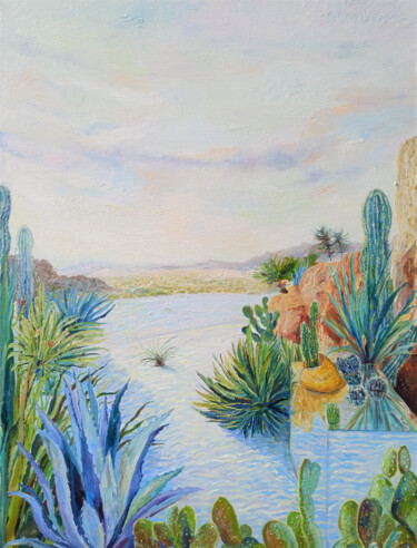 Painting titled "Cacti Oasis" by Jie Song, Original Artwork, Oil