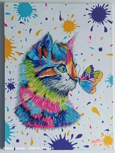 Pintura titulada "Cover Gato con Mari…" por Jiunot Rojas, Obra de arte original, Acrílico