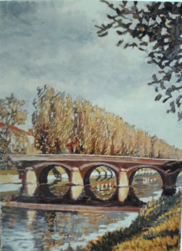 Schilderij getiteld "Pont sur l'Ornain à…" door Jm Guenard, Origineel Kunstwerk, Olie