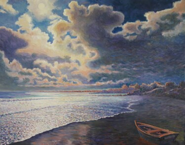 Peinture intitulée "Crépuscule à la pla…" par Jm Guenard, Œuvre d'art originale, Huile