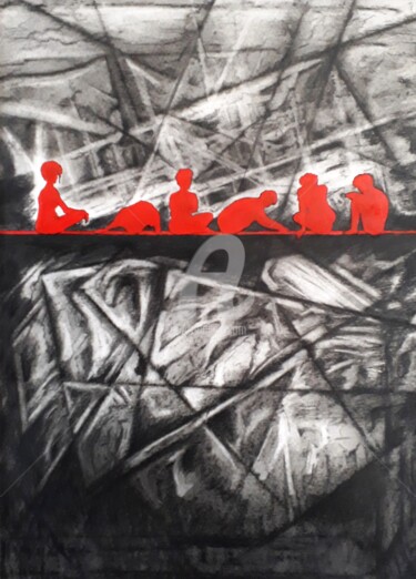 Tekening getiteld "Le fil rouge - les…" door Jean-Michel Desterke, Origineel Kunstwerk, Houtskool