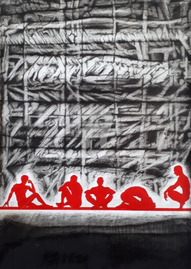 Σχέδιο με τίτλο "Le fil rouge - les…" από Jean-Michel Desterke, Αυθεντικά έργα τέχνης, Κάρβουνο
