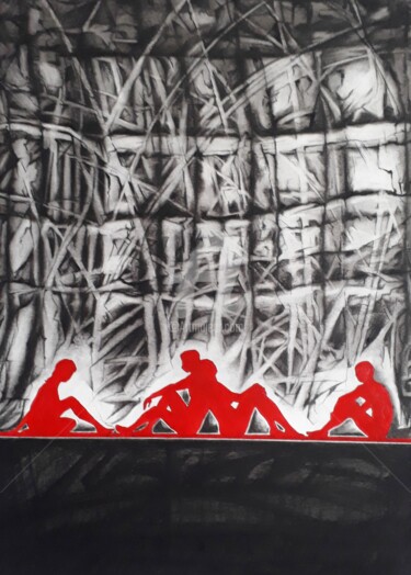 Drawing titled "Le fil rouge - les…" by Jean-Michel Desterke, Original Artwork, Charcoal