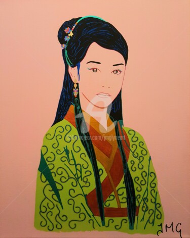 Schilderij getiteld "Katsumi" door Jmglyneart, Origineel Kunstwerk, Acryl Gemonteerd op Frame voor houten brancard