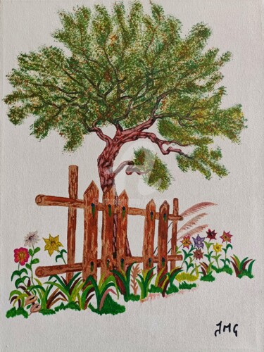 Schilderij getiteld "L'arbre solitaire" door Jmglyneart, Origineel Kunstwerk, Acryl Gemonteerd op Frame voor houten brancard