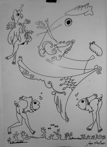 Disegno intitolato ""La vida marina"" da Jorge Miño, Opera d'arte originale, Inchiostro