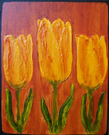 Malerei mit dem Titel "Three Tulips for Vi…" von Jo Moore, Original-Kunstwerk, Öl