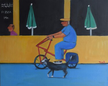 ""Paris-Man On Bike…" başlıklı Tablo Jo Tuck tarafından, Orijinal sanat, Petrol Karton üzerine monte edilmiş