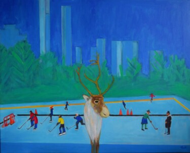 Schilderij getiteld "Reindeer and Skater…" door Jo Tuck, Origineel Kunstwerk, Olie