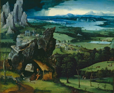 Painting titled "Paysage avec saint…" by Joachim Patinier, Original Artwork, Oil